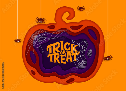 Halloween paper cut pumpkin with spiders and cobweb. Vector holiday background with cartoon insects inside of jack lantern shape. 3d papercut frame with trick or treat typography and funny spiders