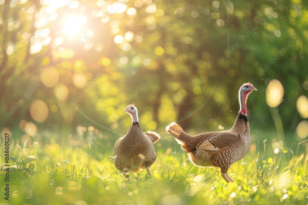 Happy Turkeys running in the meadow bright sunny day bokeh background Happy Turkeys running in the meadow bright sunny day bokeh background