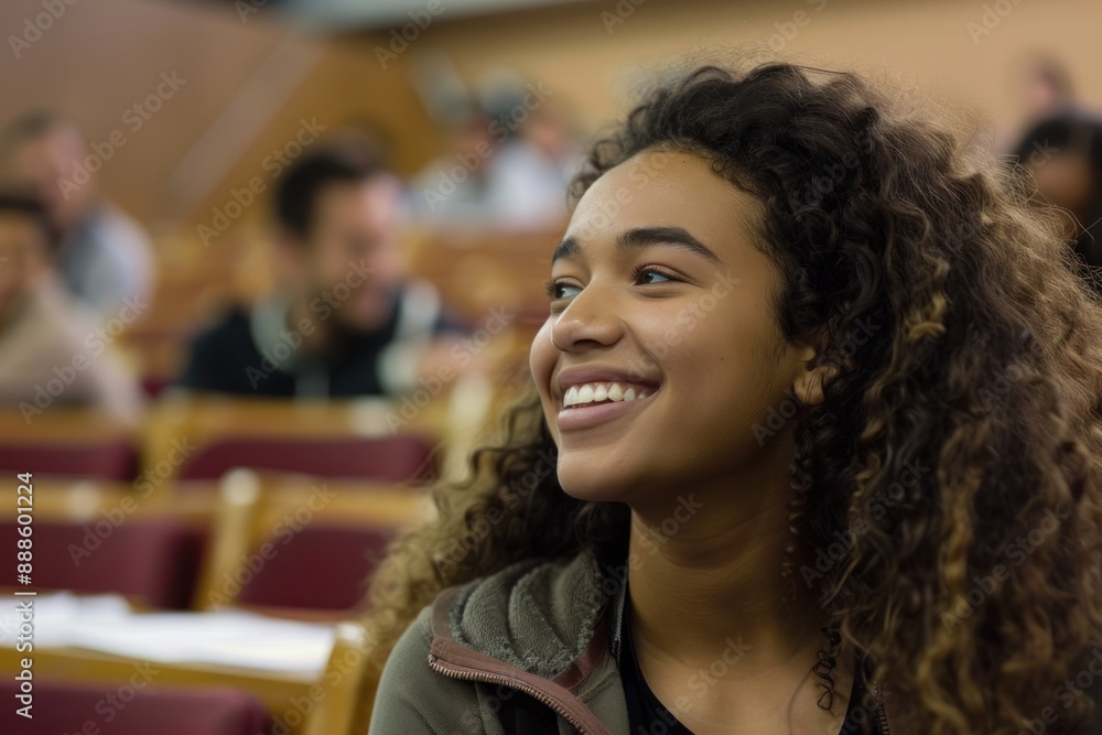 Happy university student learning in lecture hall Happy university student learning in lecture hall