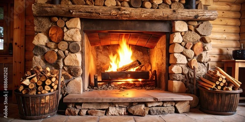 Cozy fireplace with crackling firewood in rustic setting, cozy, warm, flames, heat, burning, home, winter, wood, hearth
