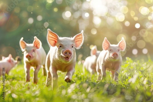 Fototapeta Naklejka Na Ścianę i Meble -  Happy pigs running in the meadow bright sunny day bokeh background