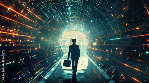 A silhouette of an individual holding their briefcase, standing in the center of a futuristic room.