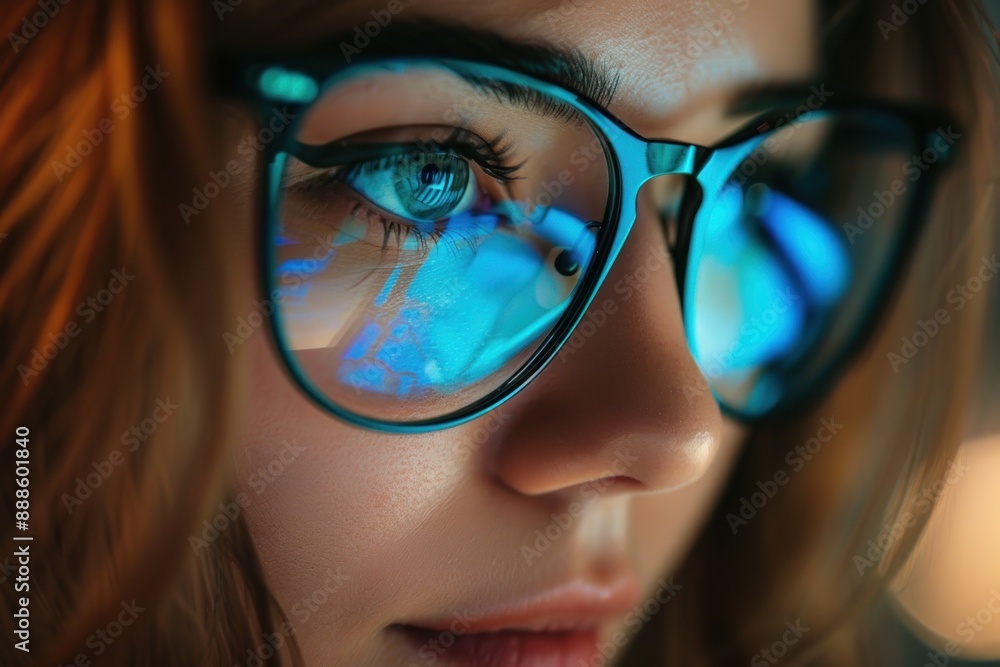 woman works on internet. Reflection at the glasses from laptop. Close up of woman's eyes with black female glasses woman works on internet. Reflection at the glasses from laptop. Close up of woman's eyes with black female glasses