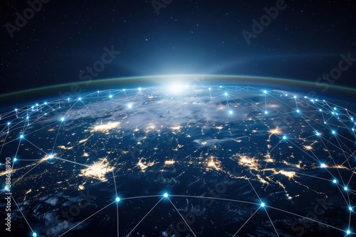 Map of modern technology connection on Earth, panorama banner