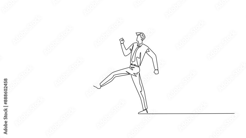 Self drawing animation of continuous one line drawing businessman kicking piggy bank. The opportunity to invest is wasted. There is no concern about a better future by investing. Full length animated Self drawing animation of continuous one line drawing businessman kicking piggy bank. The opportunity to invest is wasted. There is no concern about a better future by investing. Full length animated