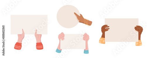 Isolated hand show up protest sign set, woman raise blank demonstration board, human holds empowerment flag, right activist holding template strike signboard, people hands hold revolution placard,