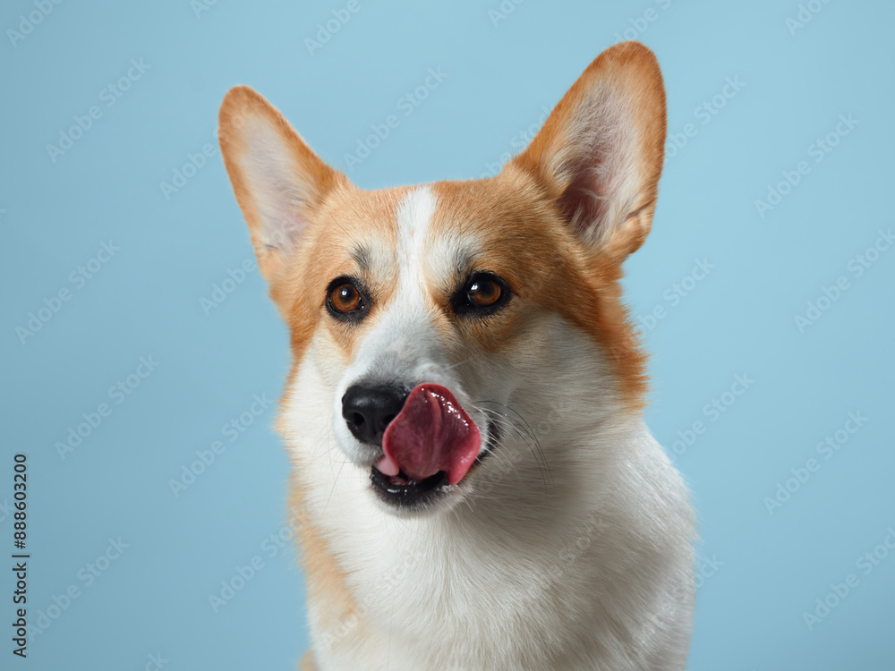 An exuberant Pembroke Welsh Corgi dog with its tongue out against a calming blue backdrop, showcasing the breed friendly and vivacious spirit An exuberant Pembroke Welsh Corgi dog with its tongue out against a calming blue backdrop, showcasing the breed friendly and vivacious spirit