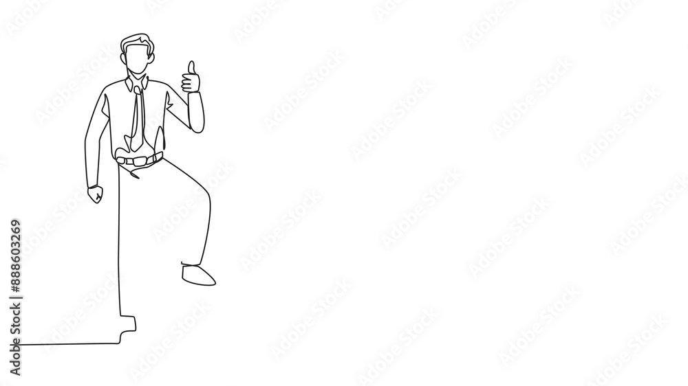 Self drawing animation of continuous one line drawing businessman stands with thumbs up pose and steps on the piggy bank with one of foot. Successfully raised investment. Full length animated Self drawing animation of continuous one line drawing businessman stands with thumbs up pose and steps on the piggy bank with one of foot. Successfully raised investment. Full length animated