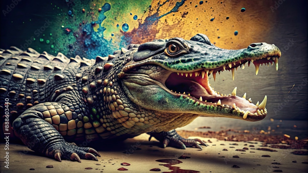Fototapeta premium Crocodile with a unique ink splash art , wildlife, predator, reptile, abstract, design, artistic, watercolor, hand drawn