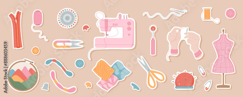 Hand drawn sewing tools and accessories set. Includes needle, thread and sewing machine, also bobbin and embroidery icons for sewing projects. Perfect for tailor and crafts illustrations and designs.