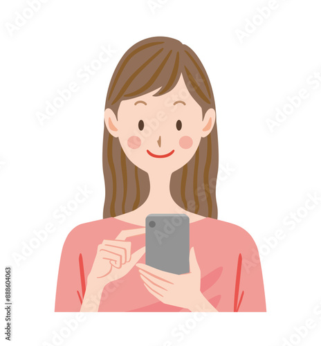 スマホを操作する若い女性のイラスト