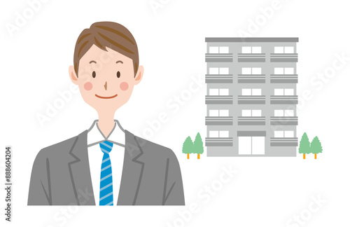 マンション　販売員　購入　所有　スーツの男性のイラスト