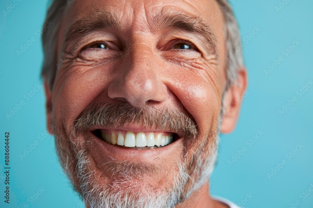 Fototapeta premium senior man mouth or teeth smiling, hygiene or dental cleaning cosmetic service Isolated on blue background