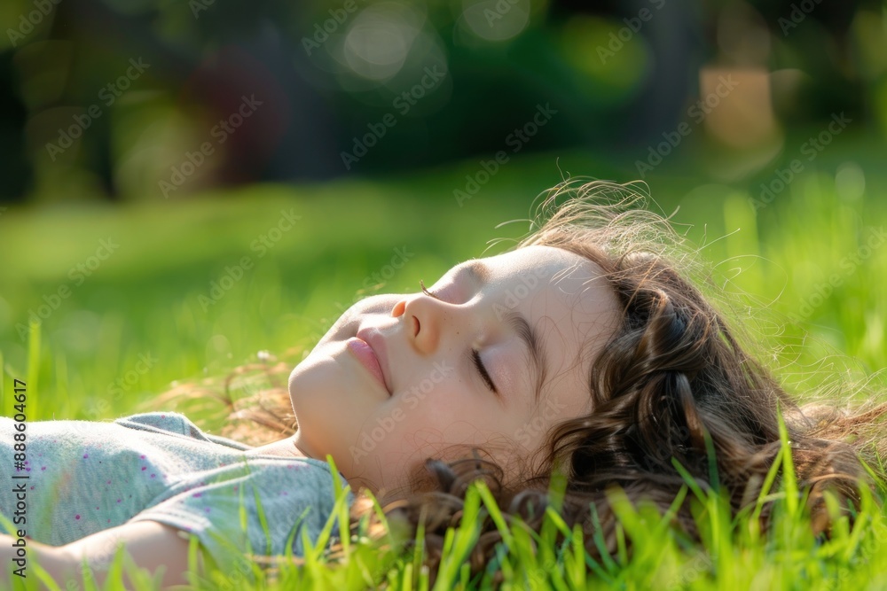 side view Child lying on green grass. Kid girl having fun outdoors in spring park side view Child lying on green grass. Kid girl having fun outdoors in spring park