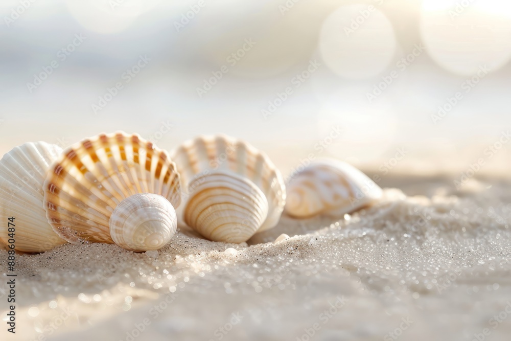 Soft-focus seashells on sandy beach background, evoking a sense of coastal tranquility Soft-focus seashells on sandy beach background, evoking a sense of coastal tranquility