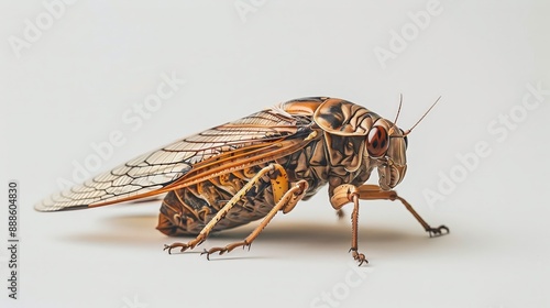 A cicada perched on a white background ar 169 6 insect, macro, bug, nature, cicada, animal, fly, wing, isolated, white, wildlife, close-up, closeup, summer, brown, small, moth, green, black, pest, win