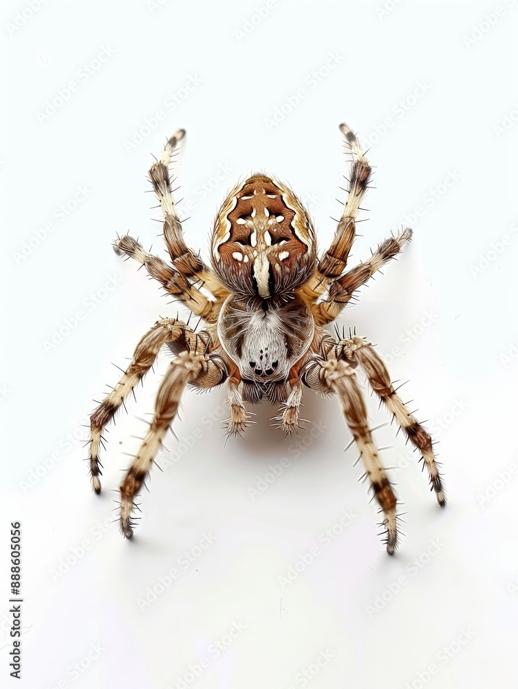 Fototapeta premium A closeup of a garden spider on a white background 15 3 spider, insect, arachnid, animal, isolated, macro, nature, bug, brown, web, white, white background, hairy, closeup, wildlife, wild, arachnophob