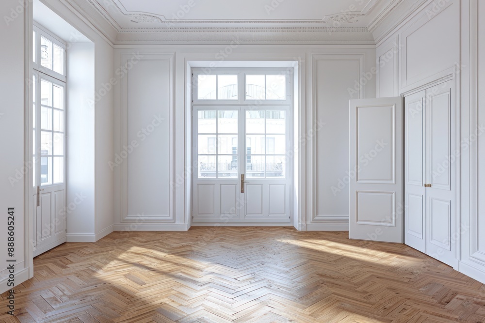 Fototapeta premium The interior of a small empty room in white with a parquet floor and three internal windows