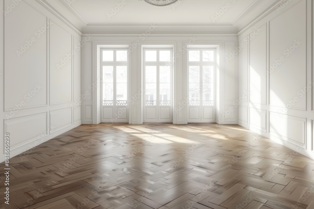 Obraz premium The interior of a small empty room in white with a parquet floor and three internal windows