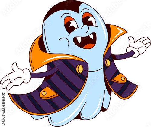 Cartoon groovy Halloween ghost character as vampire for horror night holiday, vector funny boo. Groovy cute ghost Dracula vampire, cartoon character for Halloween trick or treat party