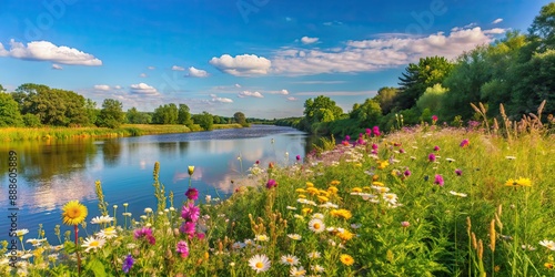 Fototapeta Naklejka Na Ścianę i Meble -  Blooming wildflowers lining a tranquil river on a sunny summer day , wildflowers, summer, river, nature, blooms, serene