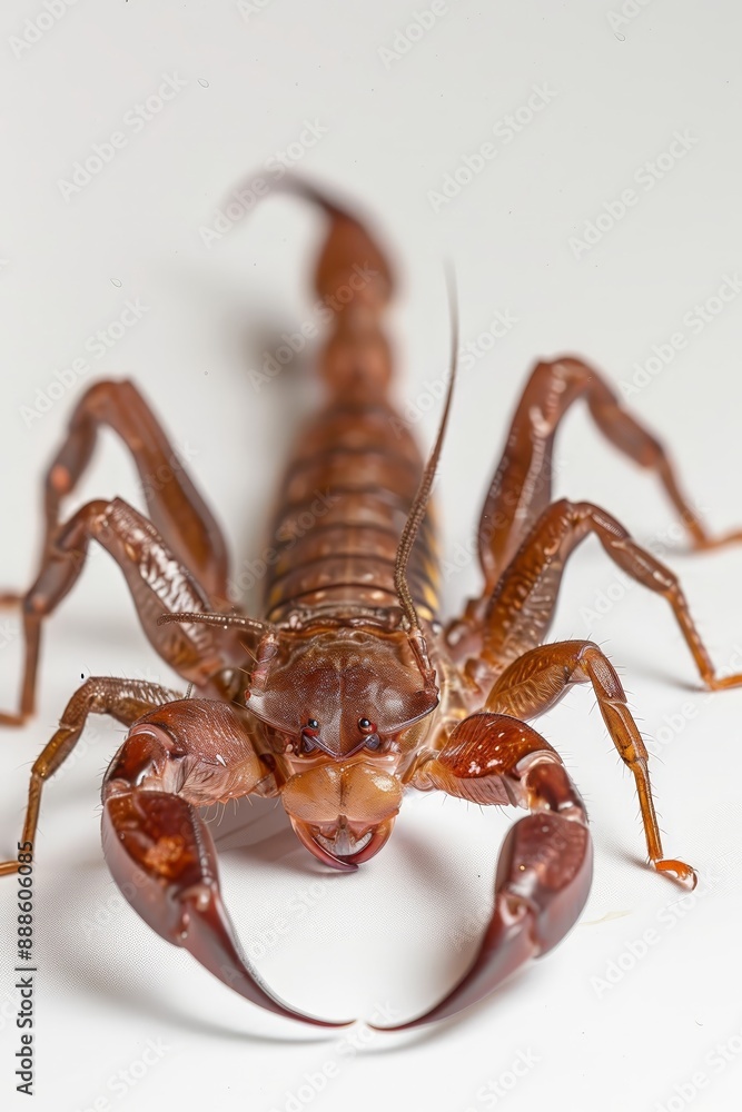 A detailed macro shot of a pseudoscorpion on a whi 58 2 scorpion, animal, insect, isolated, black, arachnid, poisonous, white, scorpio, sting, danger, nature, wildlife, claw, tail, venom, poison, stin