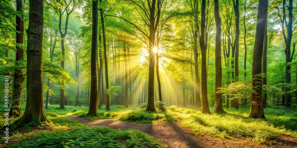 Tranquil sunny morning in the forest with vibrant green foliage and golden sunlight filtering through the trees, nature, forest Tranquil sunny morning in the forest with vibrant green foliage and golden sunlight filtering through the trees, nature, forest