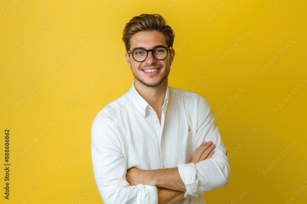 Young handsome man wearing formal shirt and glasses over isolated one color background, happy face smiling Young handsome man wearing formal shirt and glasses over isolated one color background, happy face smiling