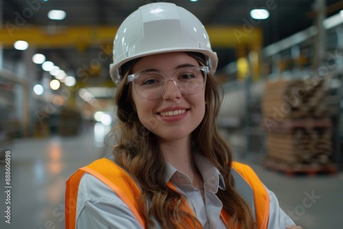 young woman wearing hardhat smiling happily looking at camera while posing confidently in production workshop