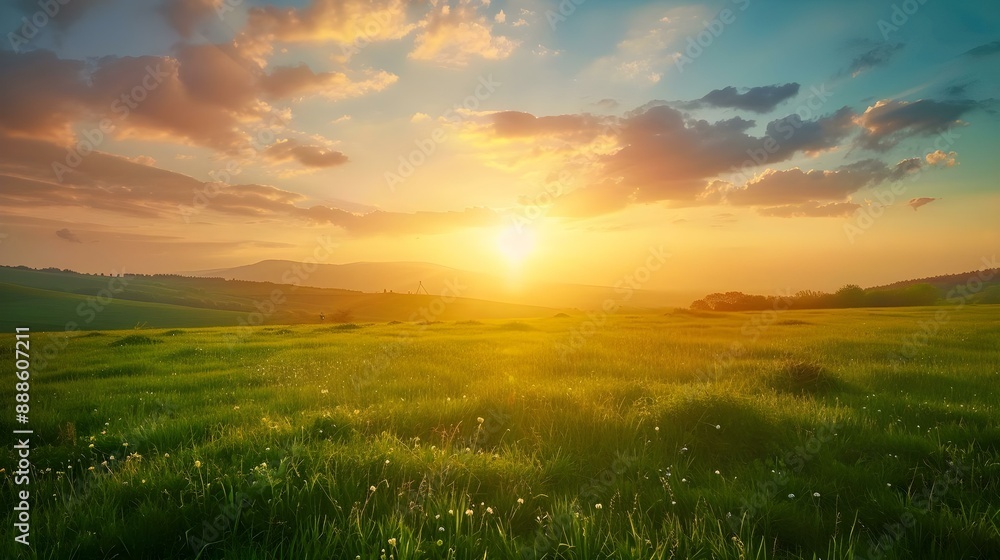 Obraz premium Summer rural landscape with green field and sunset sky