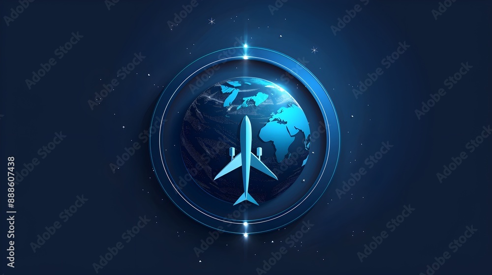 Airplane icon flying in circles around the earth. modern design World travel Airplane icon flying in circles around the earth. modern design World travel