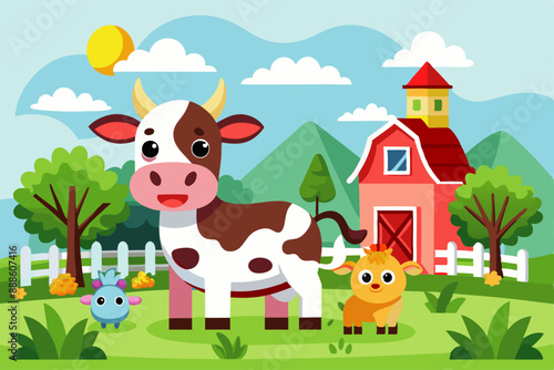 cute and funny cow in a meadow flat cartoon-colored vector illustration