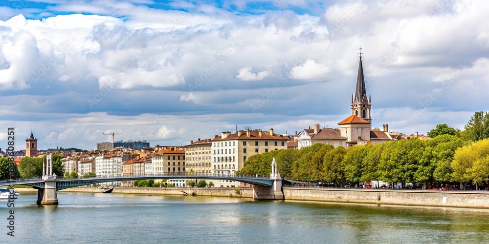 Obraz premium Panorama view of Barbe island on the Saone river, with a bridge and church in Lyon, France, Lyon