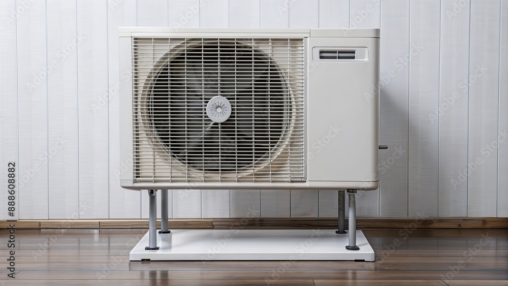Front view of heating and air conditioner unit on the stand , HVAC, appliance, ventilation Front view of heating and air conditioner unit on the stand , HVAC, appliance, ventilation