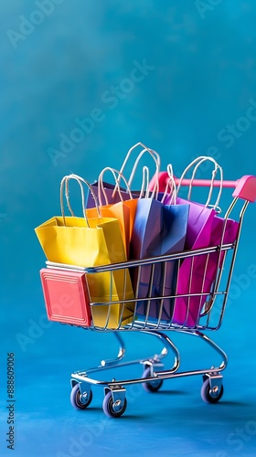 Wallpaper Mural Shopping cart filled with colorful paper bags, blue background, ideal for web design template with text space. Torontodigital.ca