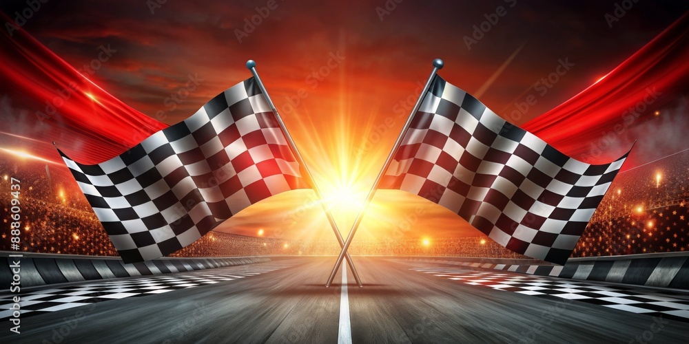 Obraz premium A checkered flag is flying in the air above a racetrack