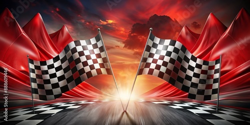 A checkered flag is flying in the air above a racetrack