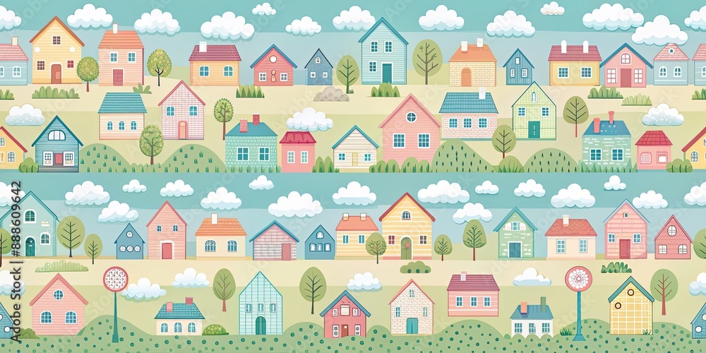 Whimsical seamless pattern featuring pastel houses, chubby smiley clouds, and sunny fields, whimsical, seamless, pattern, pastel Whimsical seamless pattern featuring pastel houses, chubby smiley clouds, and sunny fields, whimsical, seamless, pattern, pastel