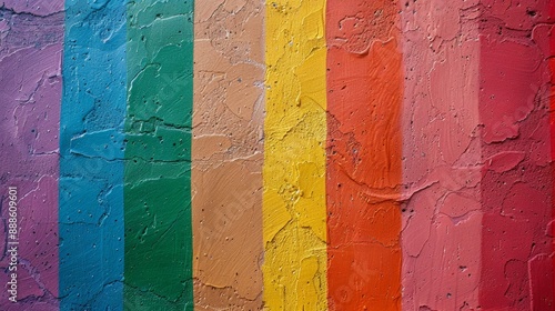 A full-frame photo of a wall painted with LGBT flags in a lively style.
