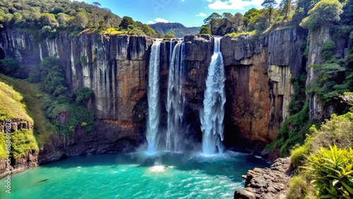Majestic waterfall surrounded by lush greenery and towering cliffs , fallen angel, falls, waterfall, nature, landscape, scenic