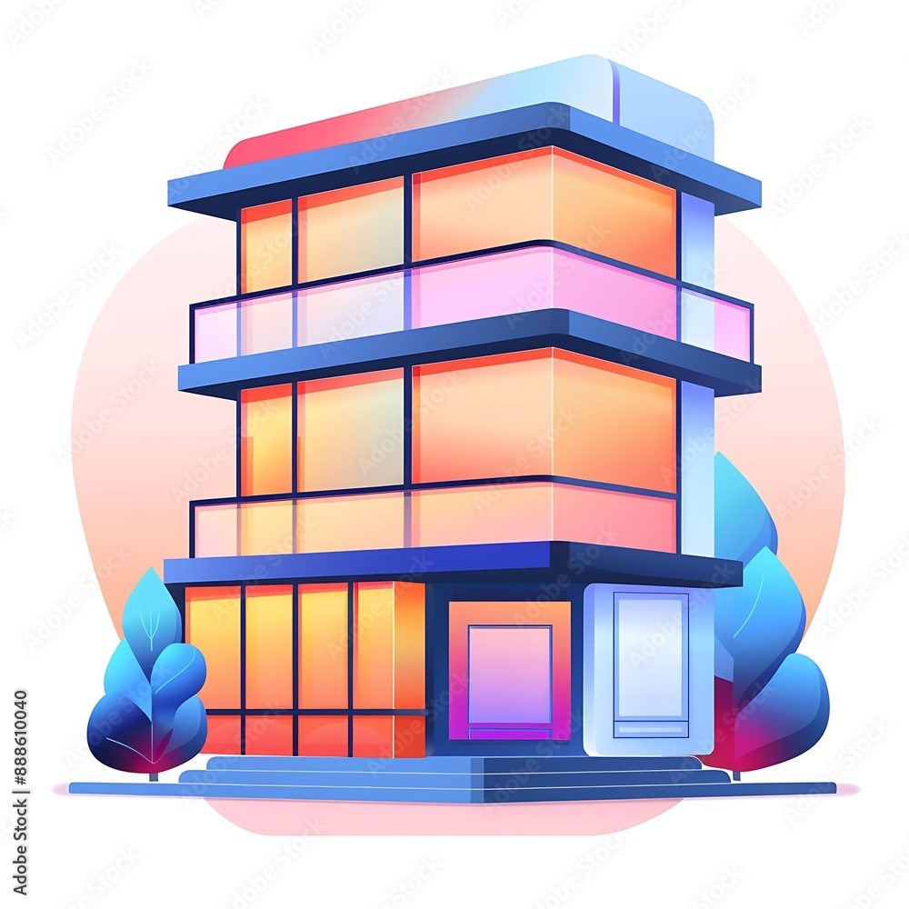 Modern threestory office building with large windows and blue accents Modern threestory office building with large windows and blue accents