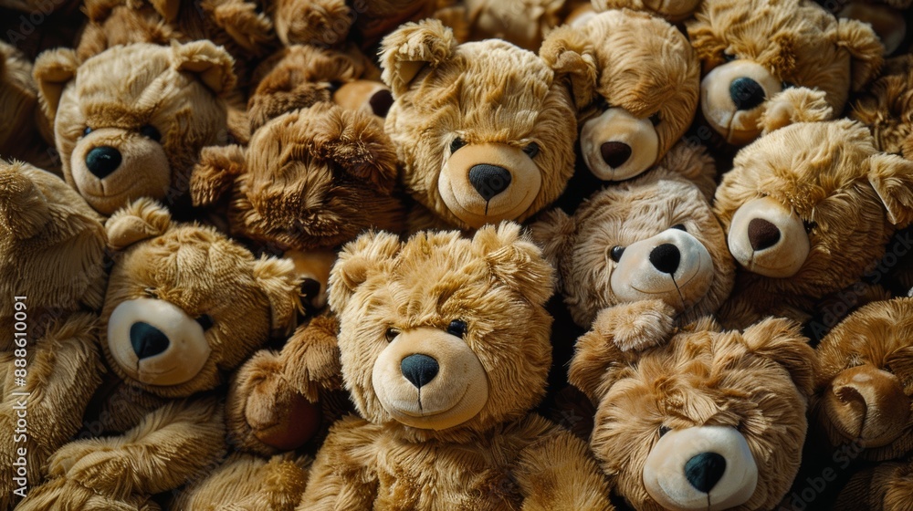 A full-frame photograph of several teddy bears huddled together. A full-frame photograph of several teddy bears huddled together.
