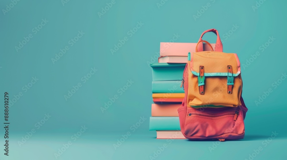 Full school backpack with books isolated on blue background with copy space. back to school concept Full school backpack with books isolated on blue background with copy space. back to school concept