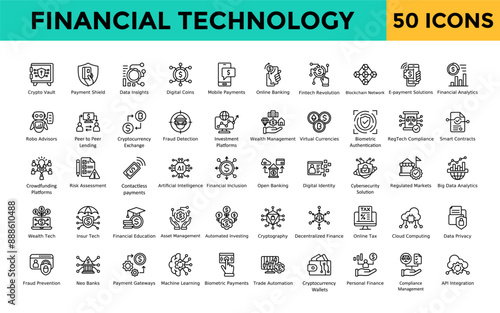 Financial Technology icon set with crypto vault, payment shield, data insights, digital coins, mobile payments, online banking, fintech revolution icon. Simple line vector 

