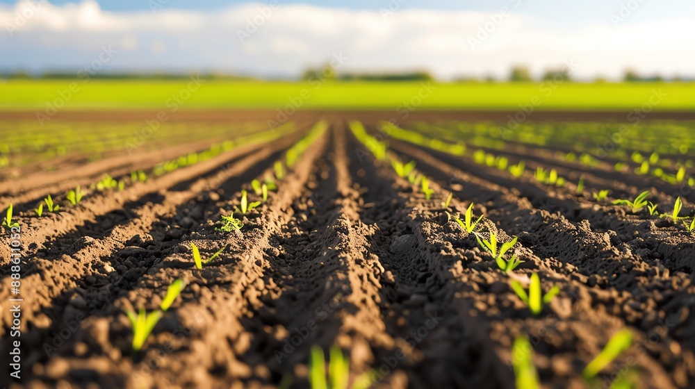 Rows of young green crop sprouts in a vast agricultural field under a clear sky, symbolizing growth and farming potential. Rows of young green crop sprouts in a vast agricultural field under a clear sky, symbolizing growth and farming potential.