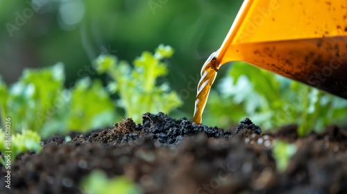 A close-up image of liquid fertilizer being poured onto soil in a garden. The vibrant green plants in the background indicate the nurturing process for healthy plant growth.