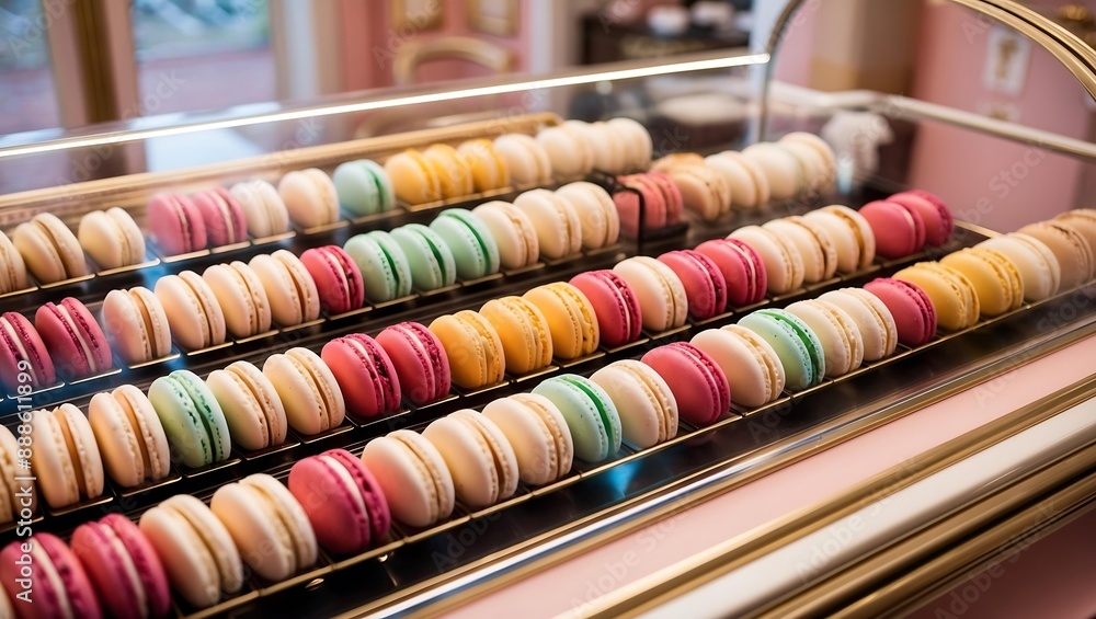 Colorful Macarons in Glass Display Case at Parisian Patisserie Colorful Macarons in Glass Display Case at Parisian Patisserie