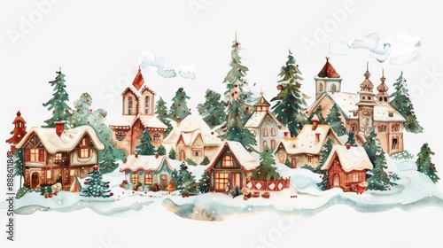 A painting of a small town with houses and trees covered in snow