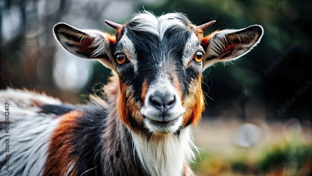 Fototapeta premium A close-up photo of a cute goat with shaggy fur standing in a grassy field, goat, animal, farm, domestic, livestock, cute
