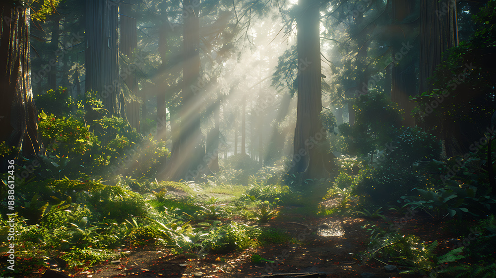 Sunbeams Illuminating Majestic Redwood Forest Sunbeams Illuminating Majestic Redwood Forest
